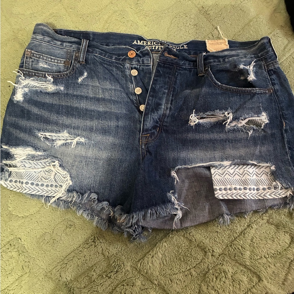 American Eagle Outfitters Women's Dark Blue Distressed Jean Shorts